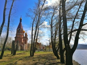 Trees and cathedral against sky