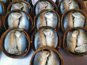 Close-up of fish in wooden basket for sale in market