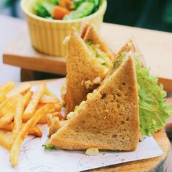 High angle view of snacks in plate on table