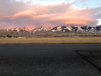 Scenic view of mountains against sky during sunset