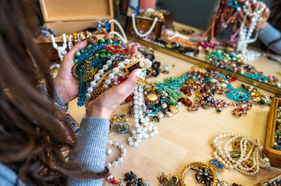 High angle view of woman working on table