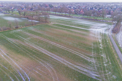 High angle view of field against sky