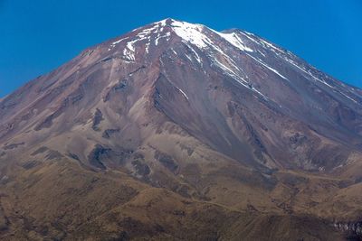Low angle view of volcano against clear blue sky
