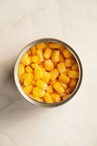 High angle view of pasta in bowl on table