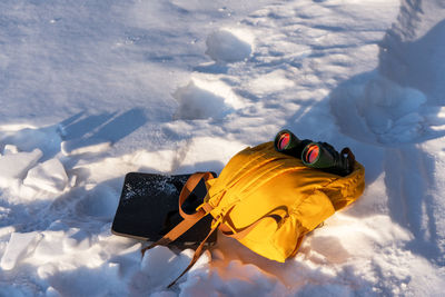 Low section of person skiing on snow covered field