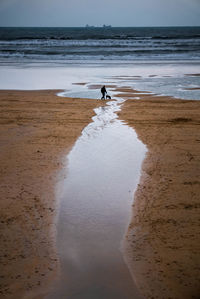 Man standing on beach by sea against sky