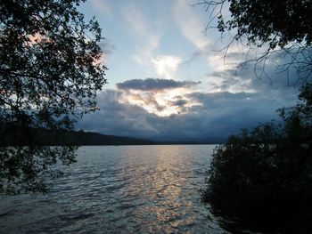 Scenic view of lake against cloudy sky