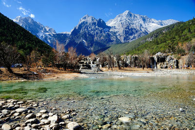 Scenic view of lake by snowcapped mountains against sky