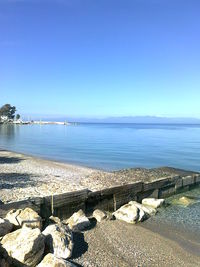 Scenic view of sea against clear blue sky