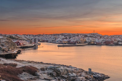 High angle view of townscape against sky during sunset