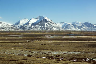 Snow-covered volcanic mountain landscape in iceland