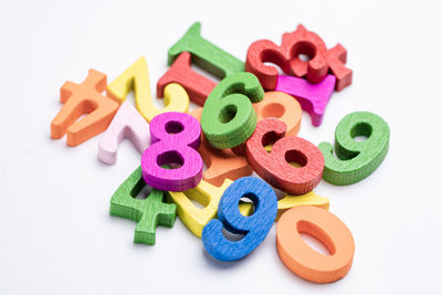 High angle view of toy blocks on white background