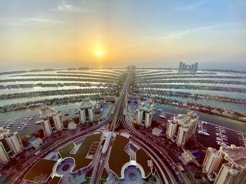 High angle view of cityscape during sunset