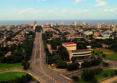 High angle view of road along built structures