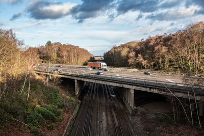 Train on bridge against sky