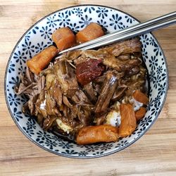 High angle view of food in plate on table