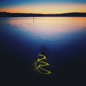 Close-up of swimming in sea against sky at sunset
