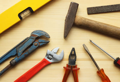 High angle view of tools on table