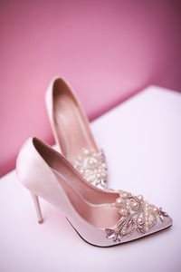 High angle view of shoes against white background