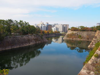 Reflection of buildings and trees in river against sky