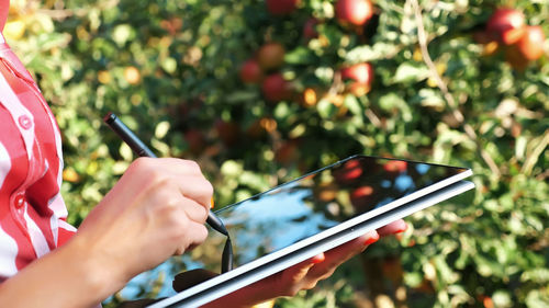 Cropped hand of woman using mobile phone