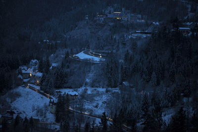 High angle view of ski lift at night