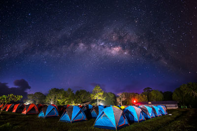 View of tent against star field at night