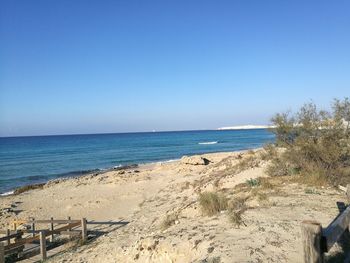 Scenic view of beach against clear blue sky