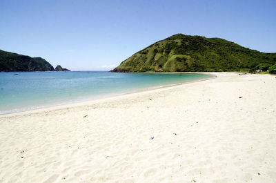 Scenic view of beach against clear sky