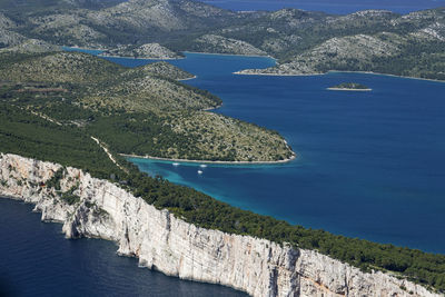 High angle view of boats on sea shore