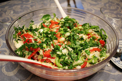 Close-up of salad in bowl on table