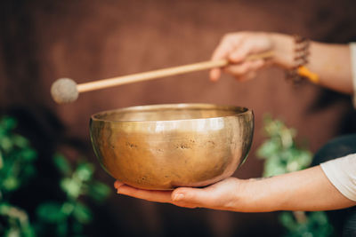 Cropped hand of person holding bowl and stick