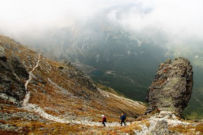 High angle view of mountaineers on country road