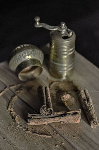 Close-up of abandoned objects on wall