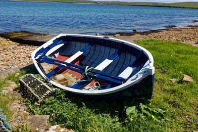 High angle view of ship on beach