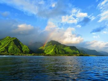 Scenic view of sea by mountains against sky