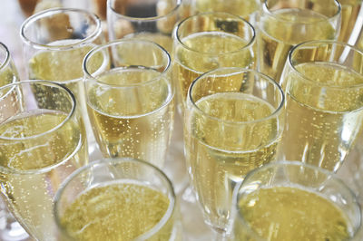 High angle view of champagnes served on table