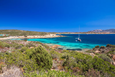 Scenic view of sea against clear blue sky