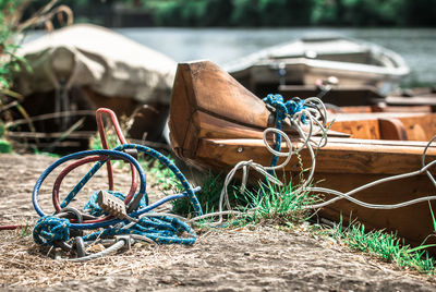 Close-up of rowboat moored in lake