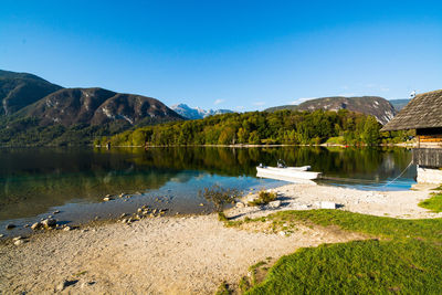 Scenic view of lake against clear blue sky