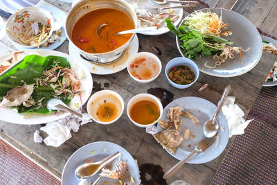 High angle view of food served on table