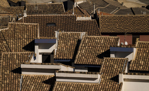 Aerial view of rooftops of small town, consuegra, castilla la mancha, spain