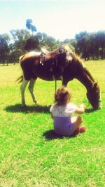 Rear view of girl playing with horse on field