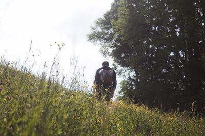 Rear view of man on field against sky