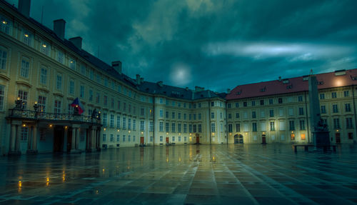 Buildings in city at night