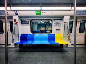 Close-up of train, subway seats, metro