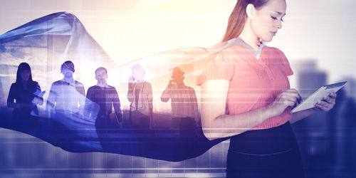 Digital composite image of people with reflection on glass