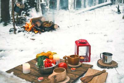 High angle view of food on barbecue grill