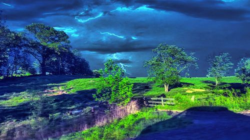 Trees on landscape against storm clouds