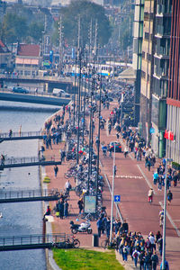 High angle view of people on road against buildings